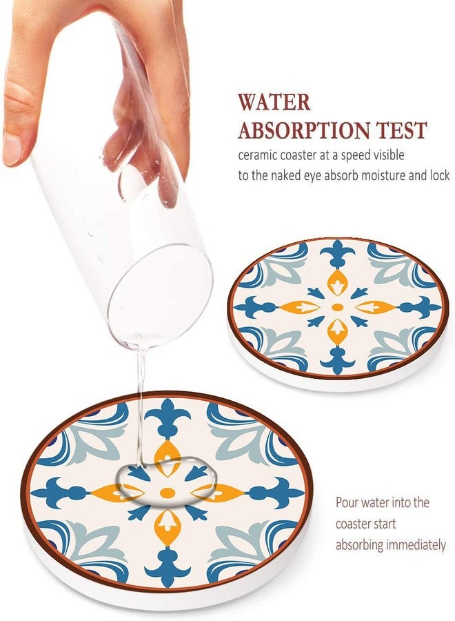 Bribay Coaster for Drinks Set of 6, Colorful Ceramic Talavera Flower Vintage Absorbent Round Ceramic Stone Mat, with Cork Base and Metal Holder, Gift for Housewarming Room Bar Decor - Image 3